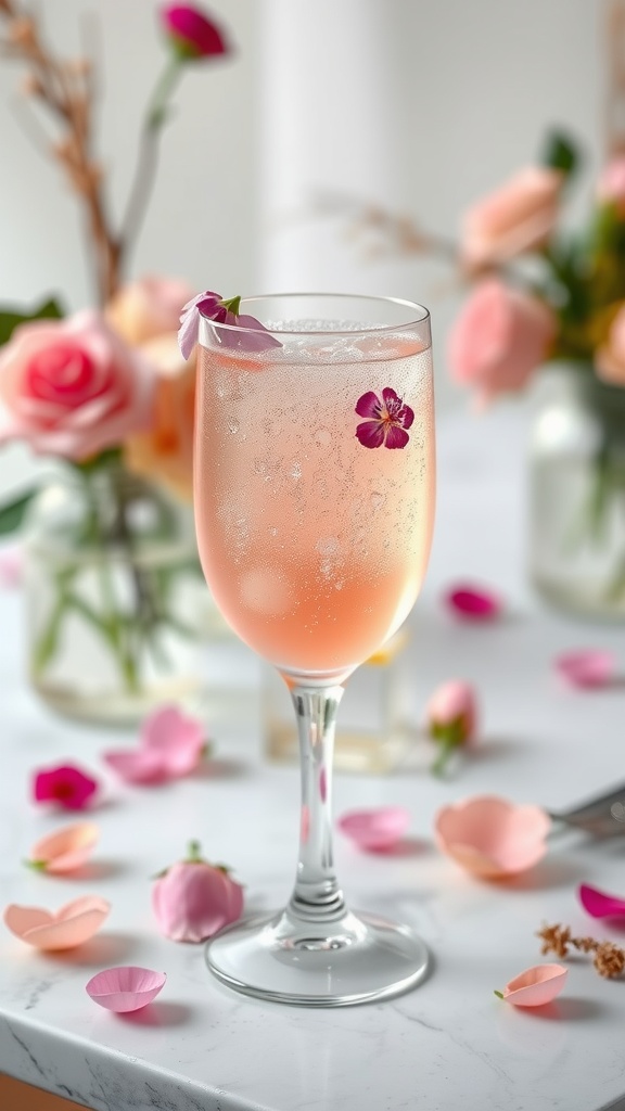 Elegant Blushing Rose Fizz for Mother Elegant Blushing Rose Fizz drink garnished with edible flowers on a pastel table setting.